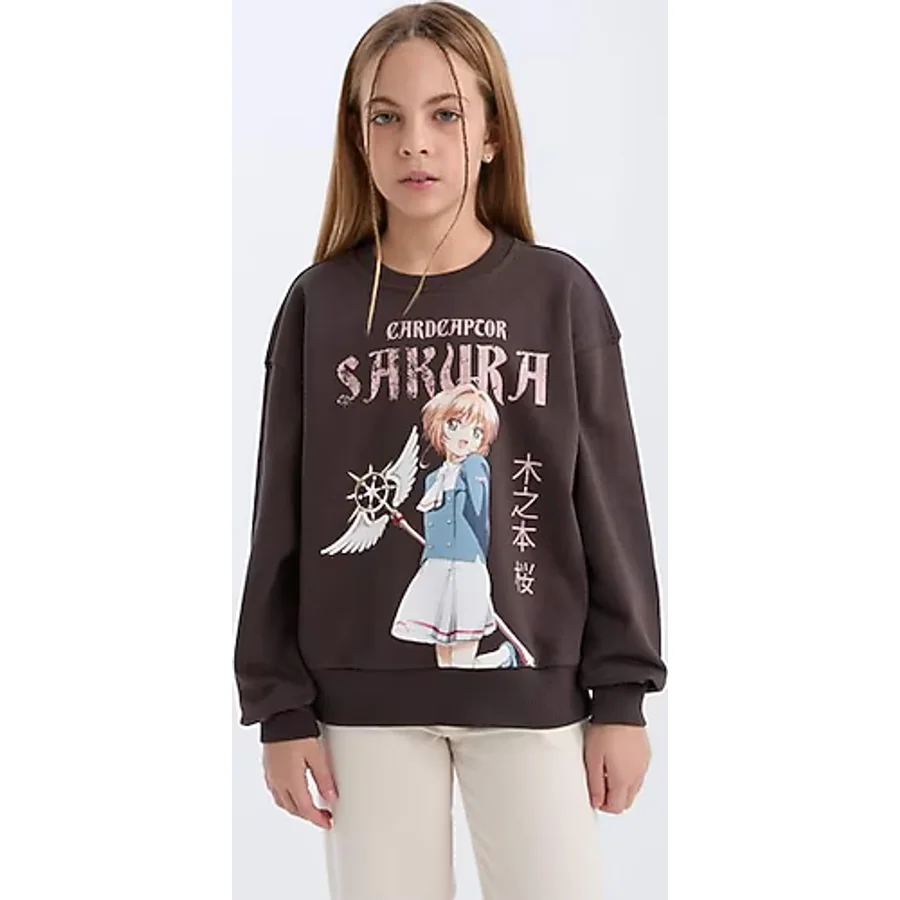 DeFacto Kız Çocuk Sakura Oversize Geniş Kalıp Bisiklet Yaka Sweatshirt