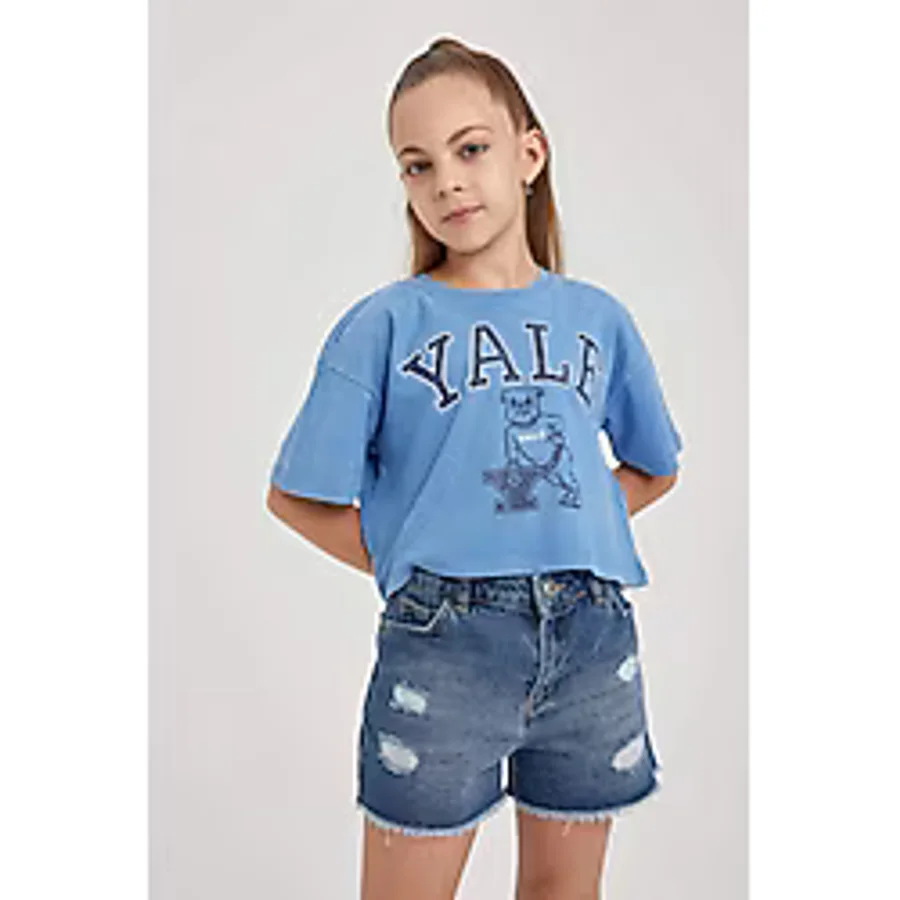 Defacto Kız Çocuk Yale University Relax Fit Bisiklet Yaka Kısa Kollu Tişört A5236A823HSBE105 Mavi