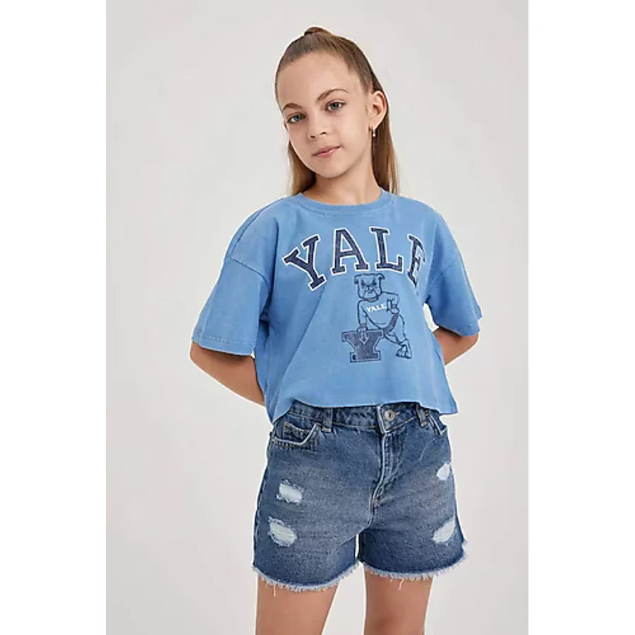 Defacto Kız Çocuk Yale University Relax Fit Bisiklet Yaka Kısa Kollu Tişört A5236A823HSBE105 Mavi