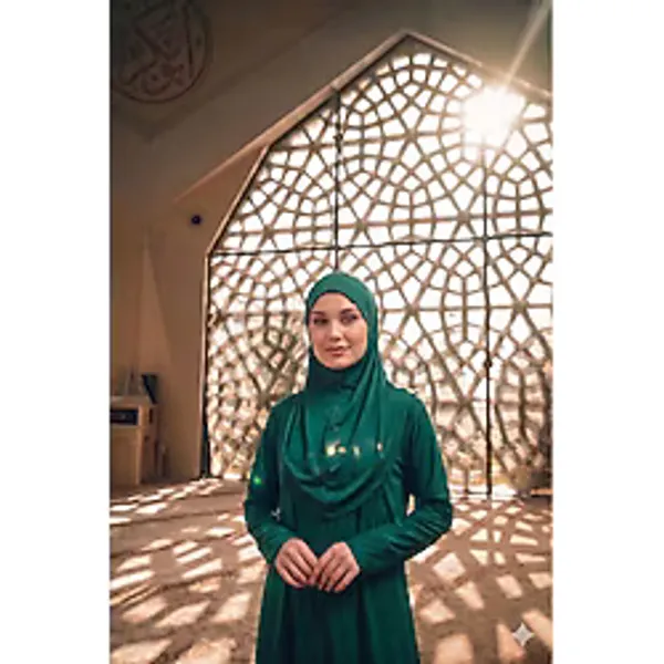 Defka Tek Parça Namaz Elbisesi Başörtülü Fermuarlı Rahat Kalıp - Yeşil - 2XL