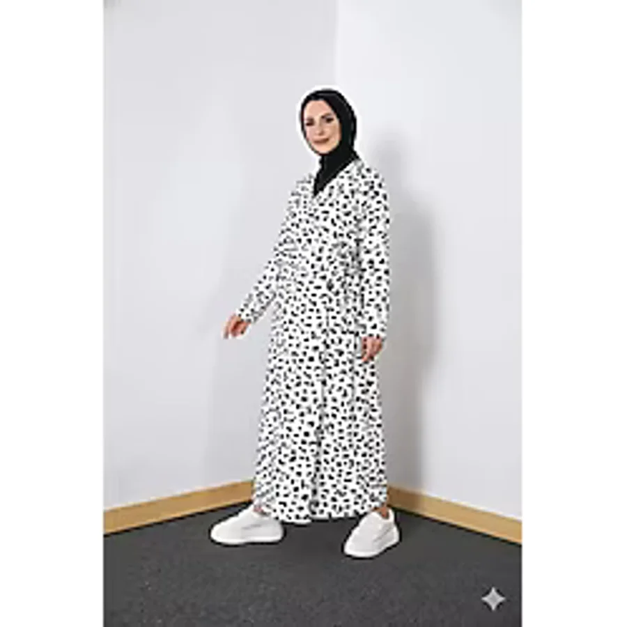 Defka Yandan Bağlamalı Pamuklu Kumaş Kadın Namaz Elbisesi Sabahlık - Beyaz - 3XL
