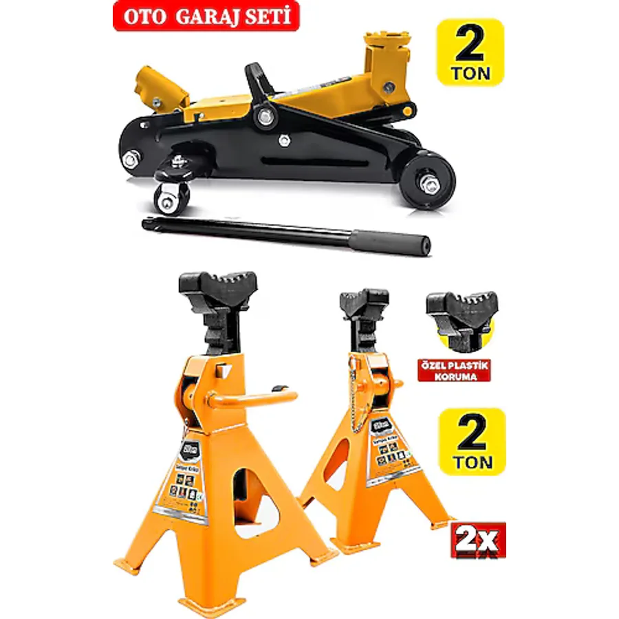 DEKO TURKEY 2Ton/2000Kg Kapasite Tekerlekli Arabalı Hidrolik Kriko + 2Ton x2Adet Taşıma Sehpa Tip Kriko Standı