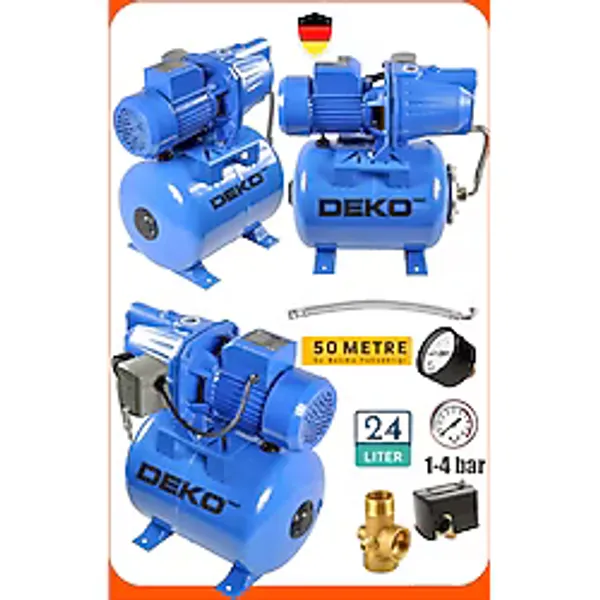 Deko Turkey Bakır Sargılı 1.5 Hp Jet Hidrofor + 24 Lt Tanklı Küre Seti Ev ve Bahçe Otomatik Su Pompası 4 Kat