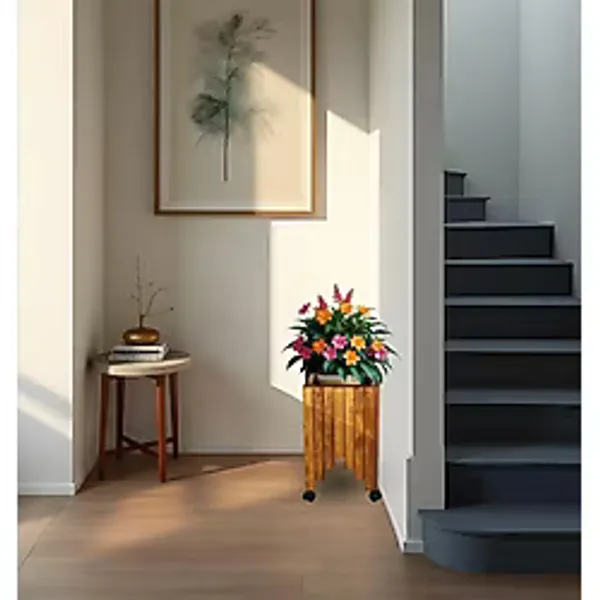 Dekoratif Ahşap Saksılık Çiçeklik Ahşap Saksı Altlığı 30X30x45 Cm Tekerlekli Saksı Sehpası