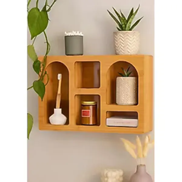 Dekoratif Bambu Duvar Rafı 40X28 Cm Dekor Obje Düzenleyici Organizer Raf