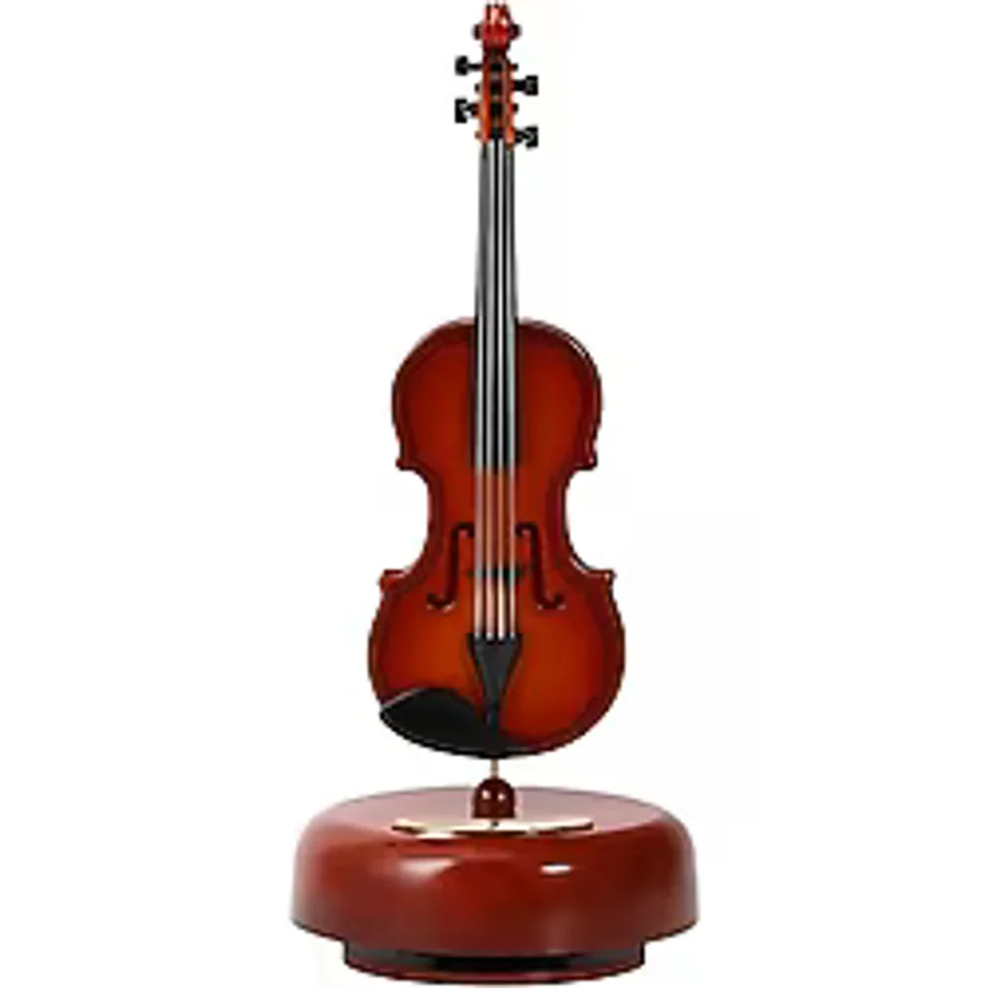 Dekoratif Klasik Keman Figürlü Müzik Kutusu - 18 cm Ahşap Standlı Retro Döner Mekanizmalı Masaüstü Süs ve Hediyelik