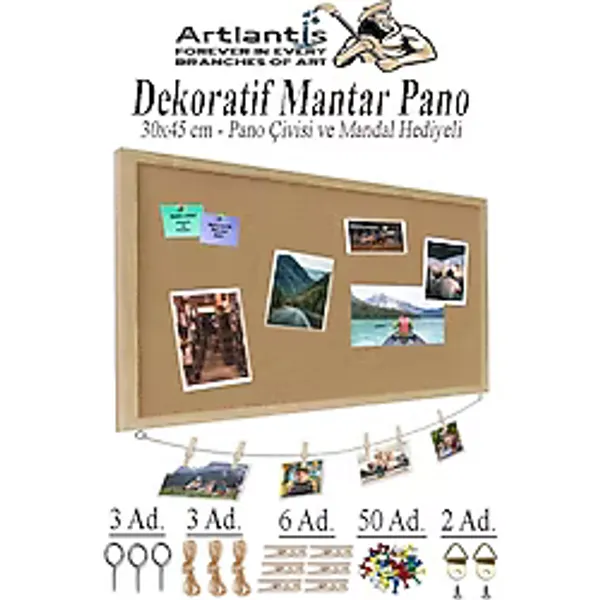 Dekoratif Mantar Pano Ahşap Çerçeve 30X45 Cm 1 Adet Harita Çivisi Hediyeli Duvara Monte Mantar Çerçeve Evde Okulda Büro