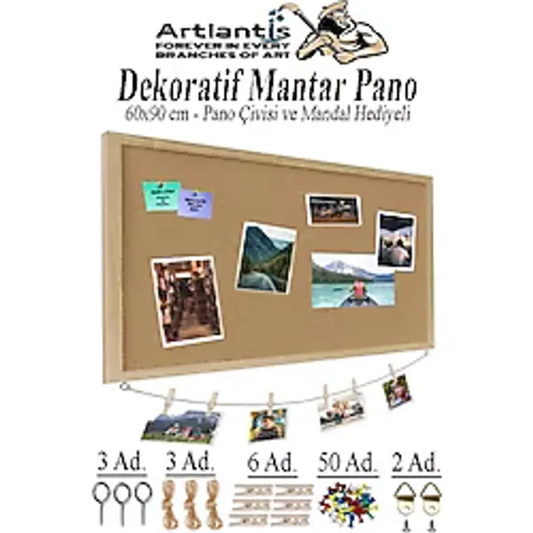 Dekoratif Mantar Pano Ahşap Çerçeve 60X90 Cm 1 Adet Harita Çivisi Hediyeli Duvara Monte Mantar Çerçeve Evde Okulda Büro