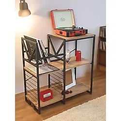 Dekoratif Plak Standı Metal Gövdeli Ahşap Raflı Pilak Köşesi Dresuar