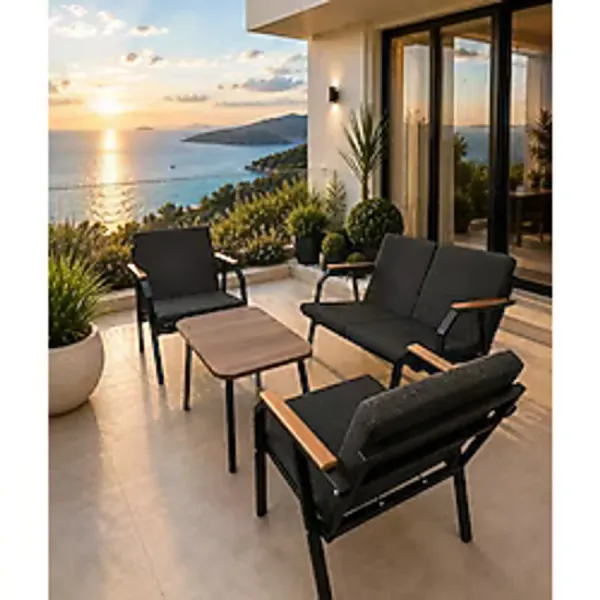 Dekoroom's Zen 2 1 1 Pofuduk Balkon Takımı, Bahçe Mobilyası, Sehpalı,Kumaş Rengi 02 Antrasit Ekoseli - 100 x 60 - Bej