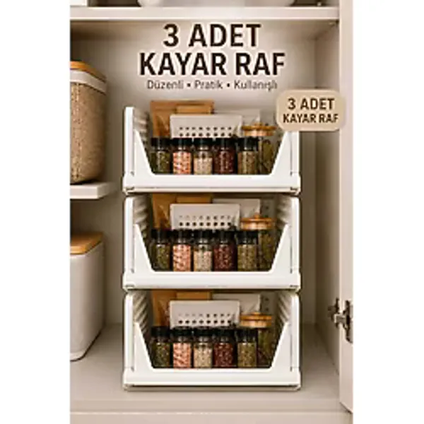 Dekozum Rayflex Kayar Raf Sistemi, Dolap Içi Düzenleyici Çekmece ve Organizer Çok Amaçlı Mutfak Rafı Beyaz 3 Adet