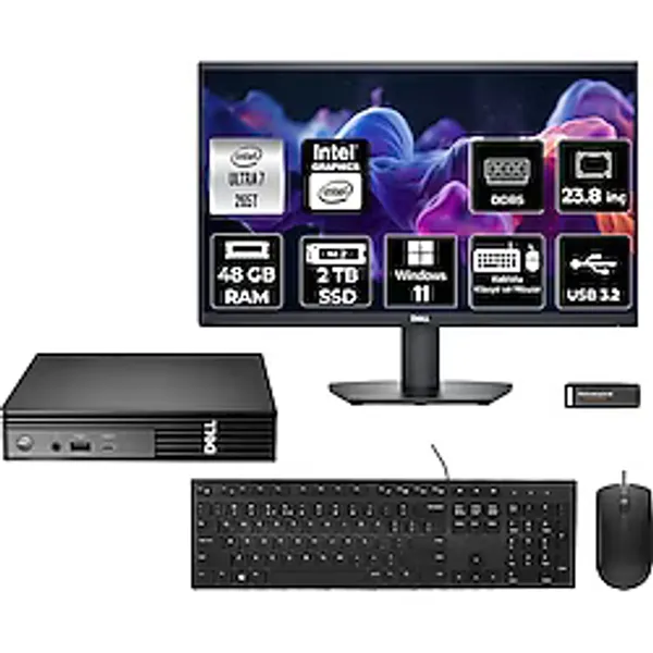 Dell Pro Micro QCM1250 Core Ultra 7 265T Mini PC 48GB RAM 2TB SSD 23.8" FHD Win11 Pro + Per4 USB QCM1250BTO107P503 - Windows 11 Pro