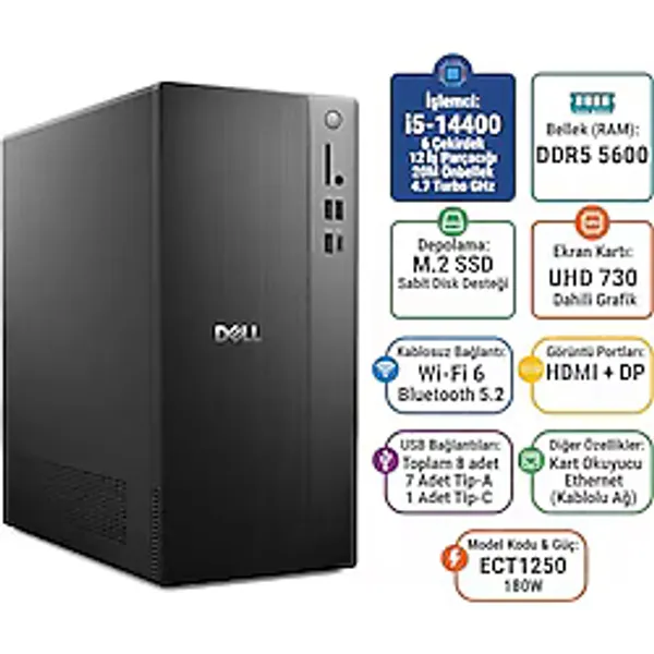 Dell Tower ECT1250 Intel Core i5-14400 16GB 512GB SSD Windows 11 Pro Masaüstü Bilgisayar ECT1250_RPLSR003_U 008