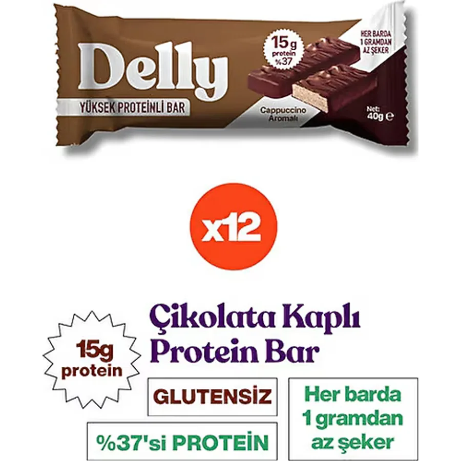 Delly Cappuccino Aromalı Çikolata Kaplı Yüksek Proteinli Bar 40 gr 12'li