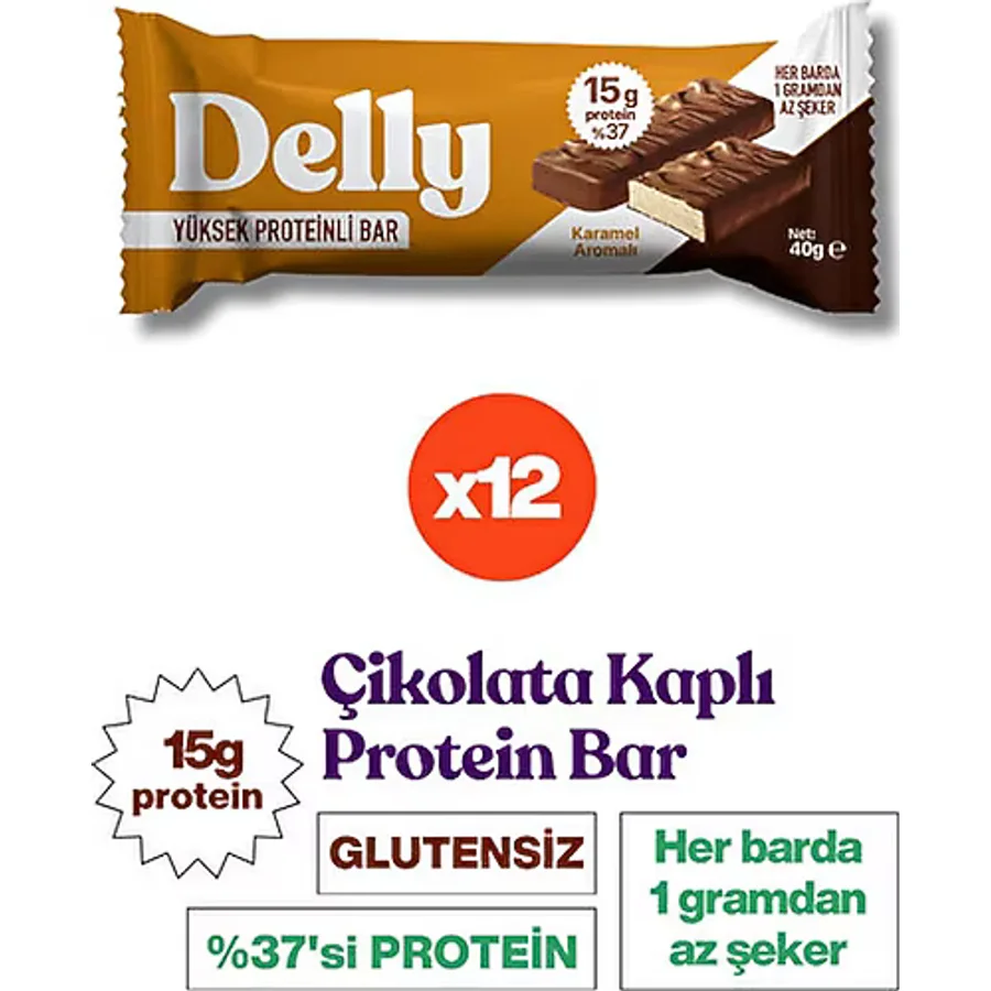 Delly Karamel Aromalı Çikolata Kaplı Yüksek Protein Bar 40 gr 12'li