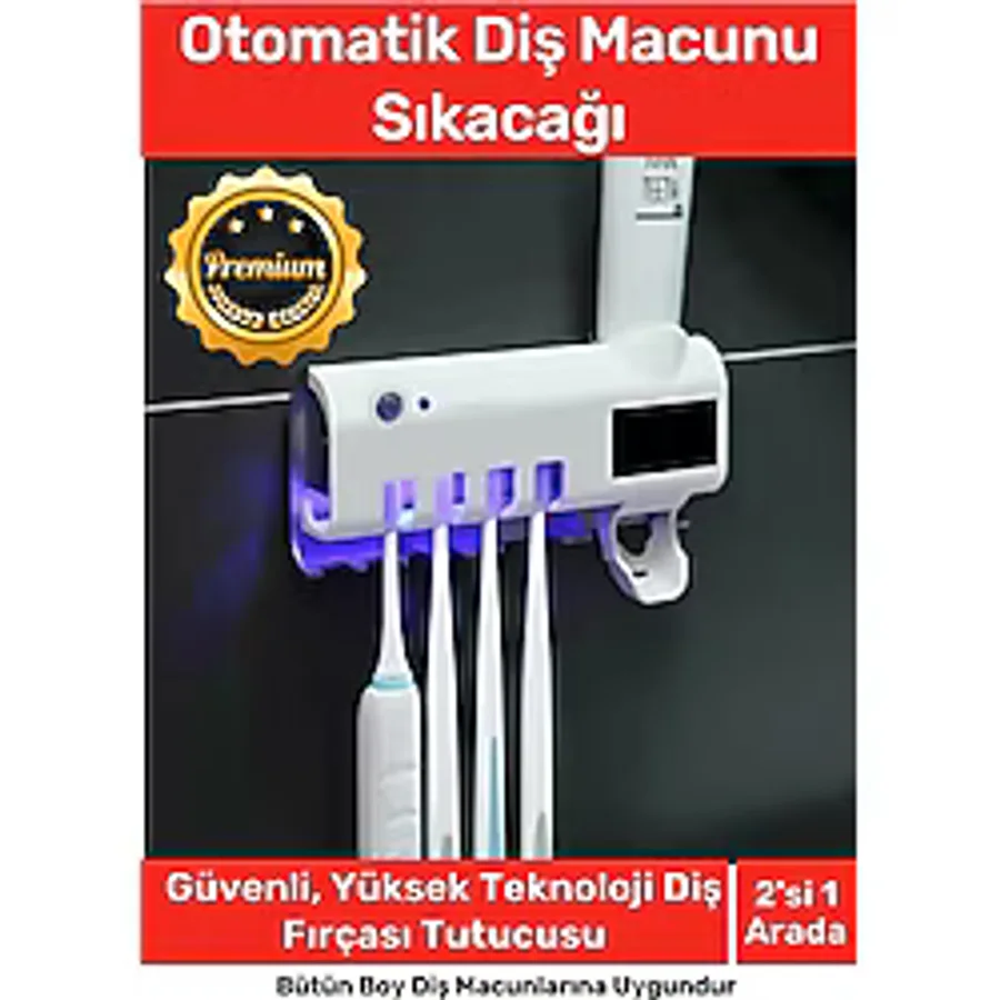 Deluxe Usb Şarjlı Güneş Enerjili Otomatik Diş Macun Sıkacağı Sterilizatörlü 4 Adet Fırçalığı Tutucu