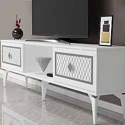 Demonte Dekor 2 Kapaklı, Raflı Herry Tv Sehpası Alt Modül Beyaz-Gümüş - Beyaz - Gümüş