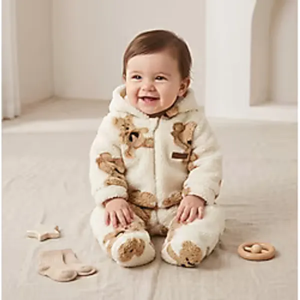 Deniva Unisex Bebek Ayıcıklı Welsoft Peluş Fermuarlı Kapüşonlu Patikli Kışlık Astronot Tulum - Bej - 6 - 9 Ay
