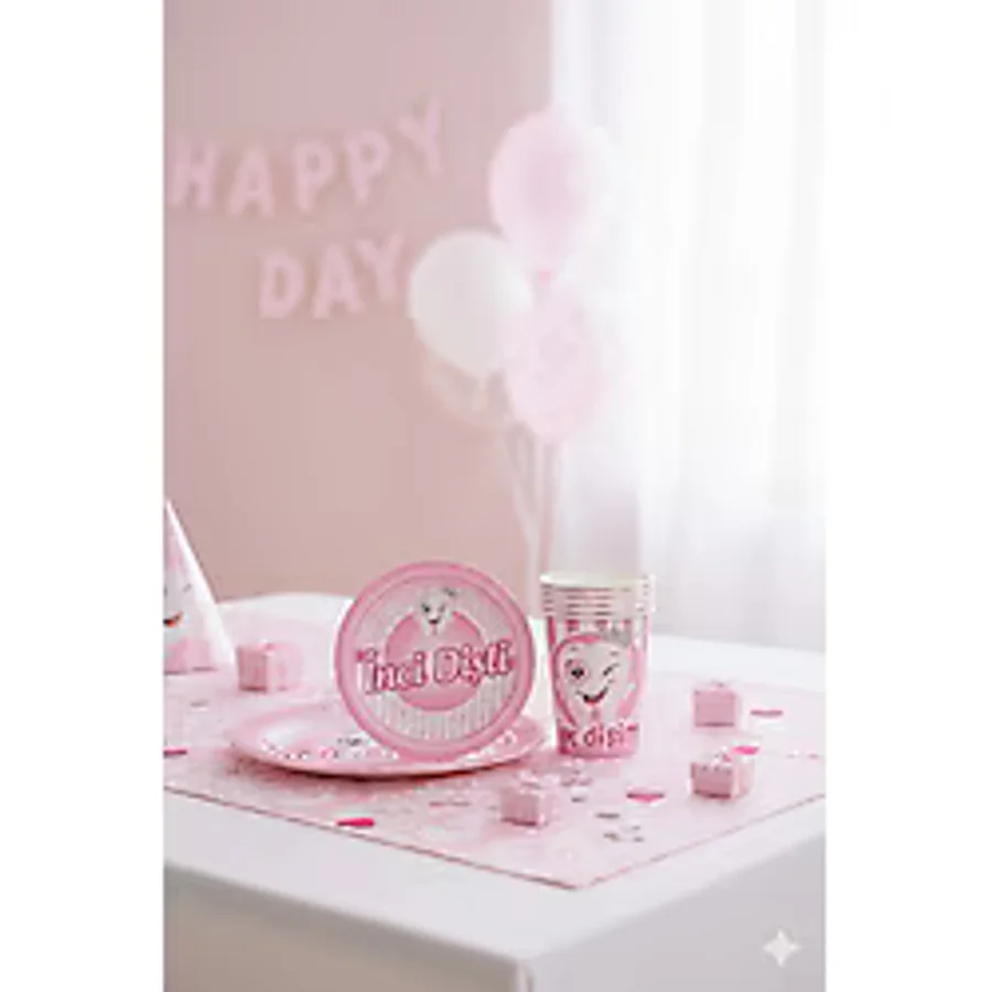 Deniz Party Store Ilk Dişim Inci Dişli Karton Tabak Bardak 8 Kişilik Pembe