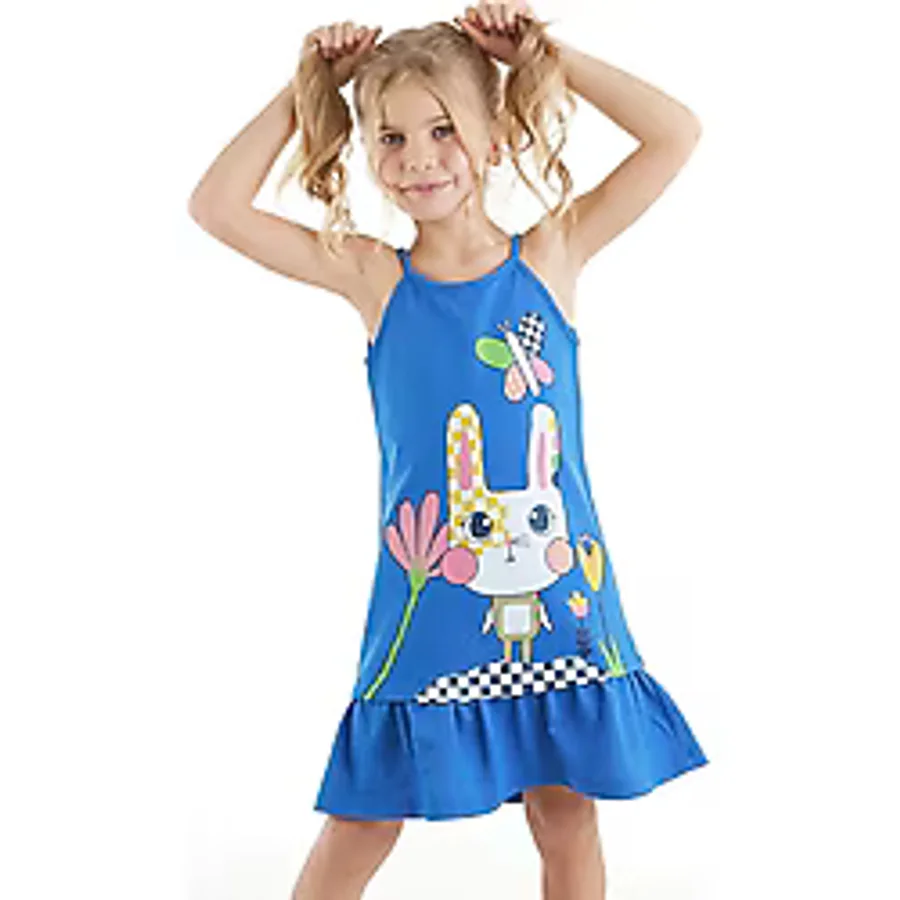 Denokids Damalı Tavşan Kız Çocuk Elbise Mavi