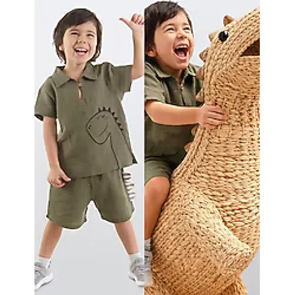 Denokids Dino Erkek Bebek Çocuk Yazlık Müslin Şort Gömlek Takım - 3 Yaş - Haki