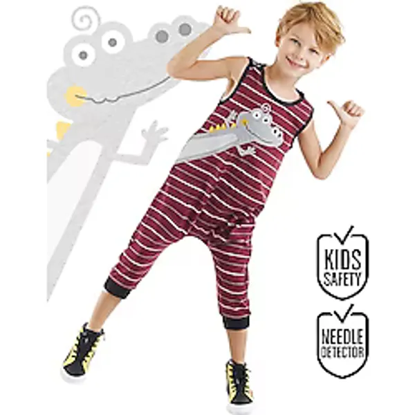 Denokids Komik Timsah Erkek Çocuk Pamuk Bordo Tulum - 5 Yaş
