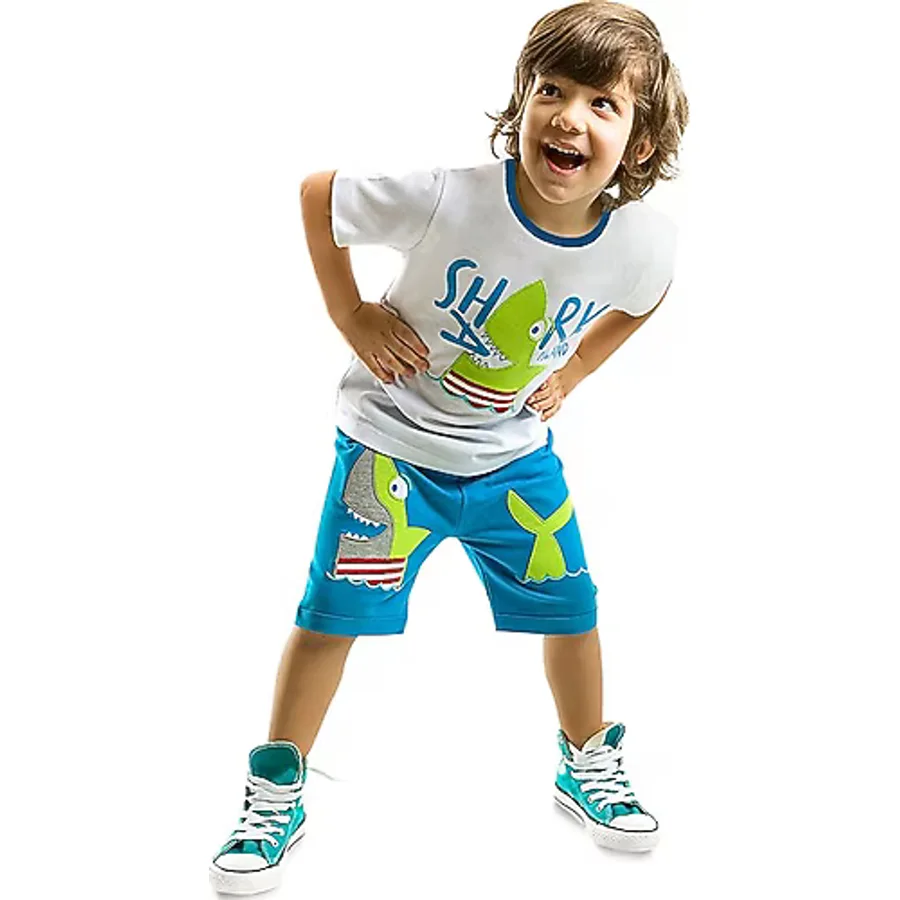 Denokids Shark Island Erkek Çocuk Yazlık T-shirt Şort Takım