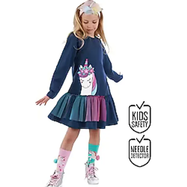 Denokids Tüllü Unicorn Kız Çocuk Lacivert Elbise