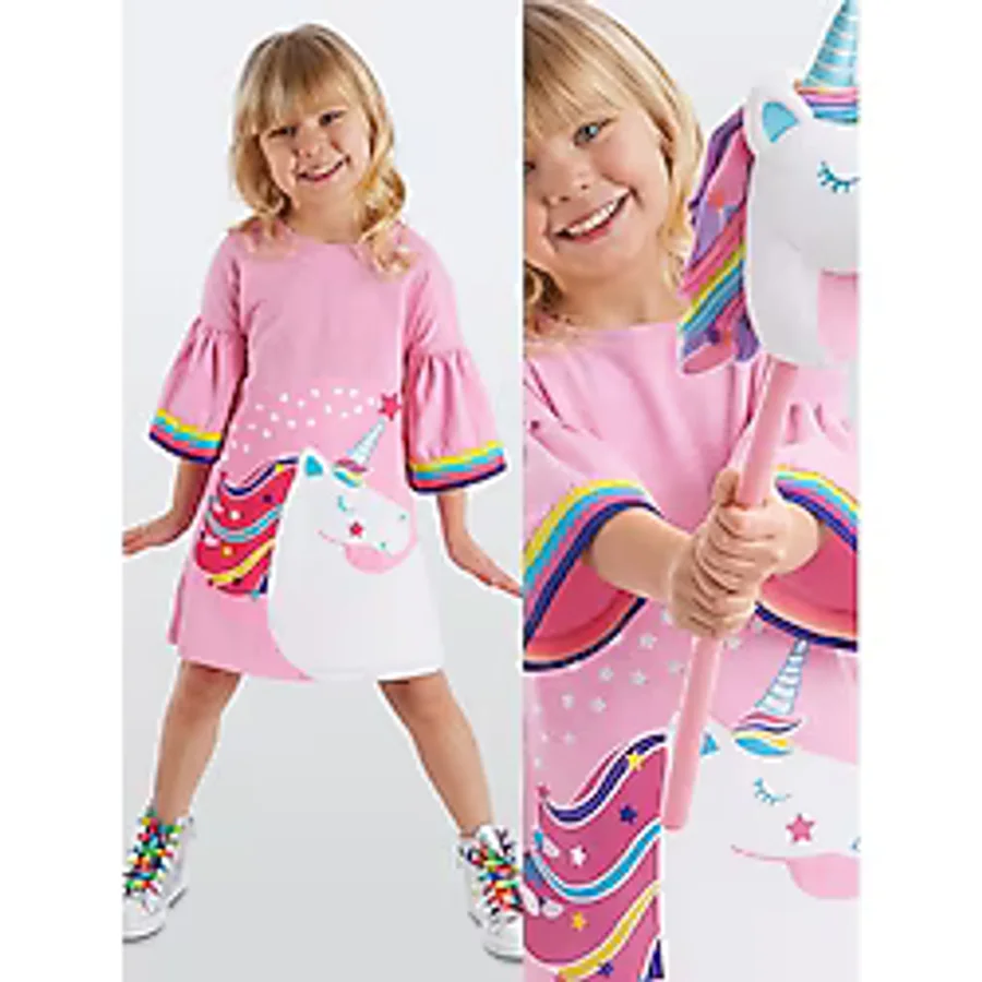 Denokids Unicorn Star Kız Elbise - Pembe