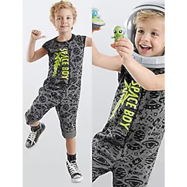 Denokids Uzay Roket Erkek Çocuk Gri Tulum - 3 Yaş
