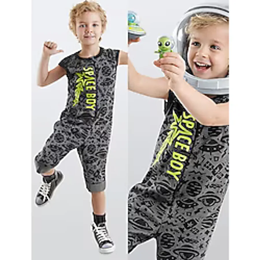 Denokids Uzay Roket Erkek Çocuk Gri Tulum - 4 Yaş