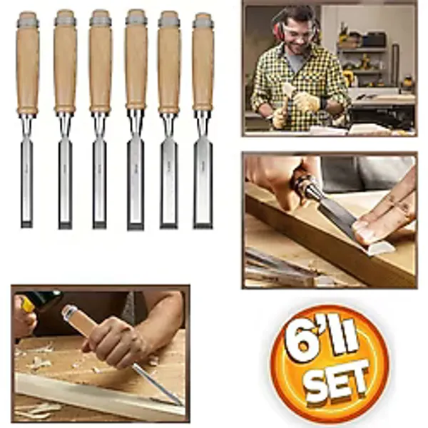 Depolife Ahşap Keski Seti 6lı Iskarpela Keskin Vanadiyum çelik Ahşap oyma Alet Takımı Ahşap Saplı Ergonomik Sarı