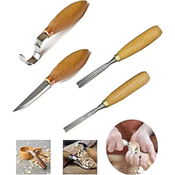 Depolife Ahşap Oyma Bıçak Alet Seti Kaşık Heykel Kuksa Oval Düz Oyma Yontma Bıçağı 4 Parçalı Set