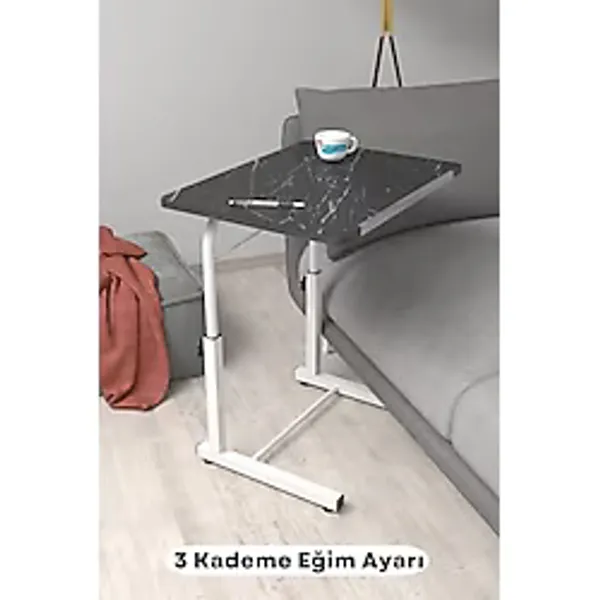 Depolife Eğim Yükseklik Ayarlı Laptop Sehpası Kahvaltı Ders Çalışma Bilgisayar Ofis Yemek Masası Metal Ayak, eğimli-siyahmermer-beyaz