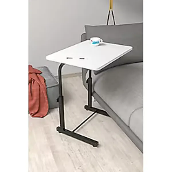 Depolife Yükseklik Ayarlı Laptop Sehpası Kahvaltı Ders Çalışma Bilgisayar Ofis Yemek Çocuk Masası Metal Ayak, beyaz-siyah-eğimsiz