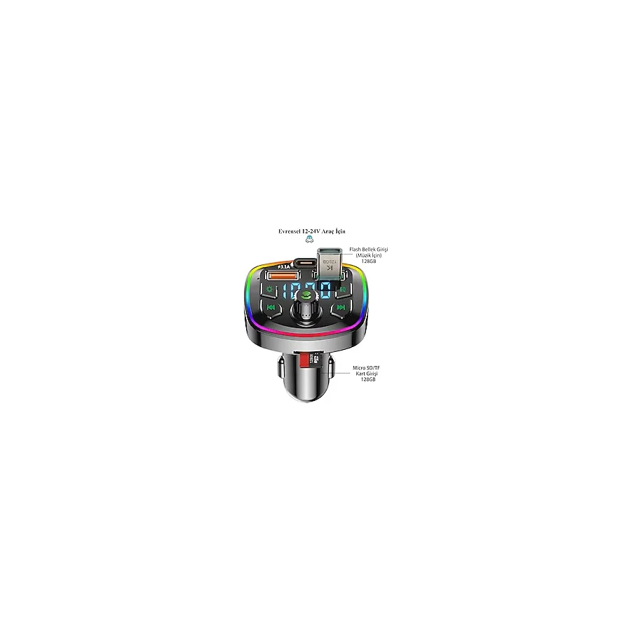 Deppo Trend Bluetooth Araç Kiti FM Transmitter USB/Type-C/PD/Flash Bellek/Micro SD/TF Card MP3 Çakmaklık Girişli