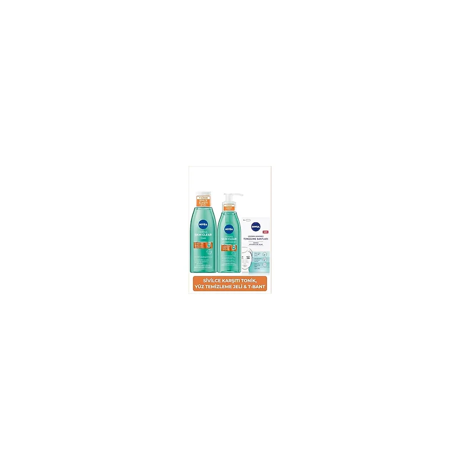 Derma Skin Clear Sivilce Karşıtı Yüz Temizleme Jeli 150ml, Tonik 200ml, T-Bölgesi Burun Bandı