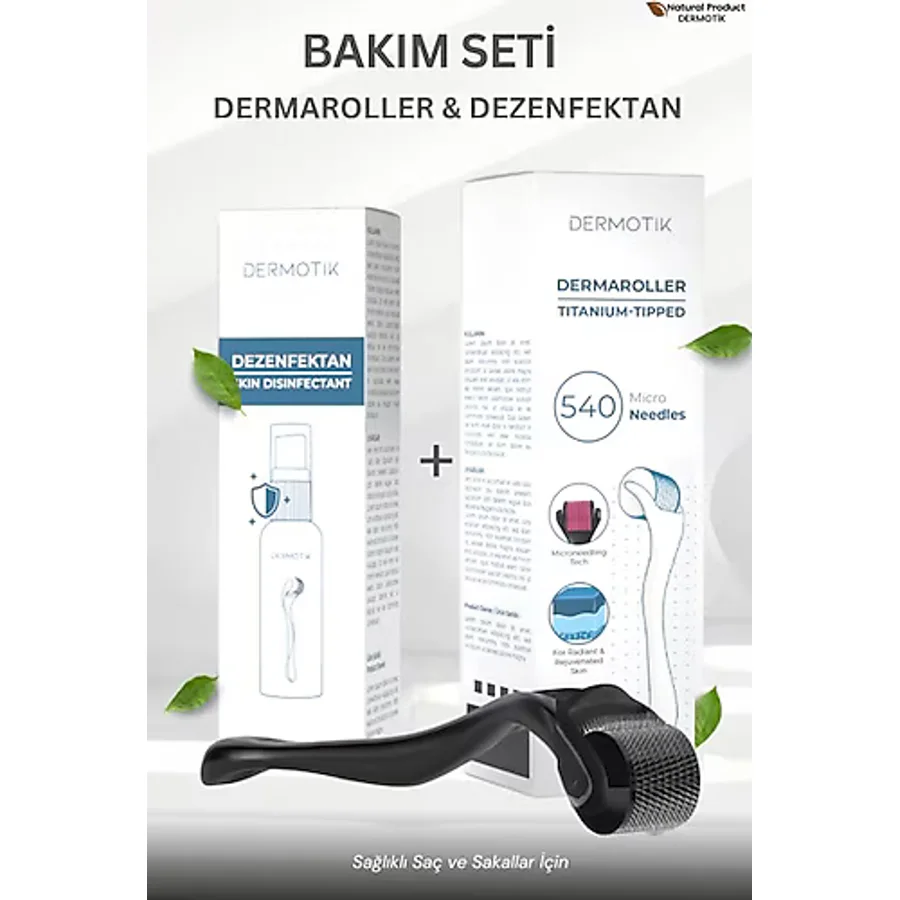 Dermotik 540 İğneli Titanyum Uçlu Dermaroller 0.5 mm & Dezenfektan Seti-Cilt ve Seyrek Saç Sakal Bakım Aleti
