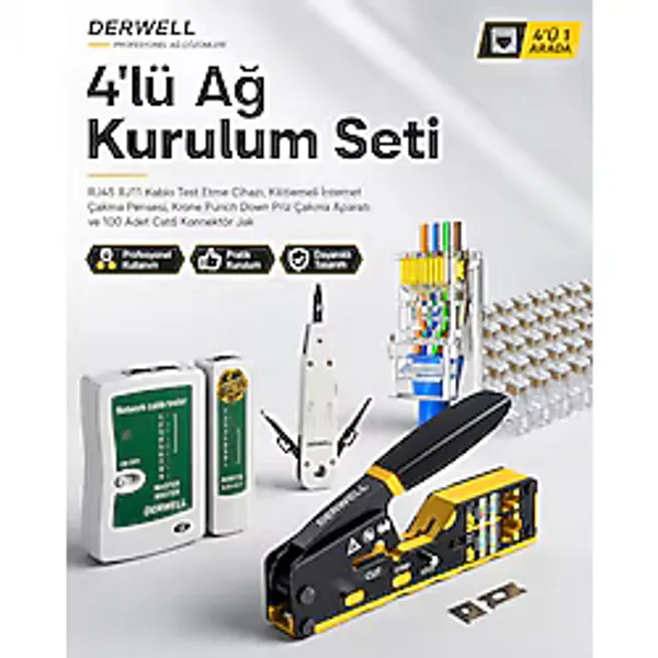 Derwell 4'lü Ağ Kurulum Seti; RJ45 RJ11 Kablo Test Etme Cihazı, Kilitlemeli Internet Çakma Pensesi, Krone Punch Down Priz Çakma Aparatı ve 100 Adet Cat6 Konnektör Jak