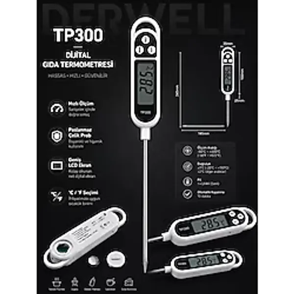 Derwell Dijital TP300 Mutfak Termometresi Bebek Maması, Süt ve İçecek Sıcaklığı Ölçüm Cihazı Otomatik Kapanmalı Güvenli Isı Ölçer Ev Tipi Hassas Gıda Termometresi Pil Dahil Ekonomik Hızlı Ölçüm