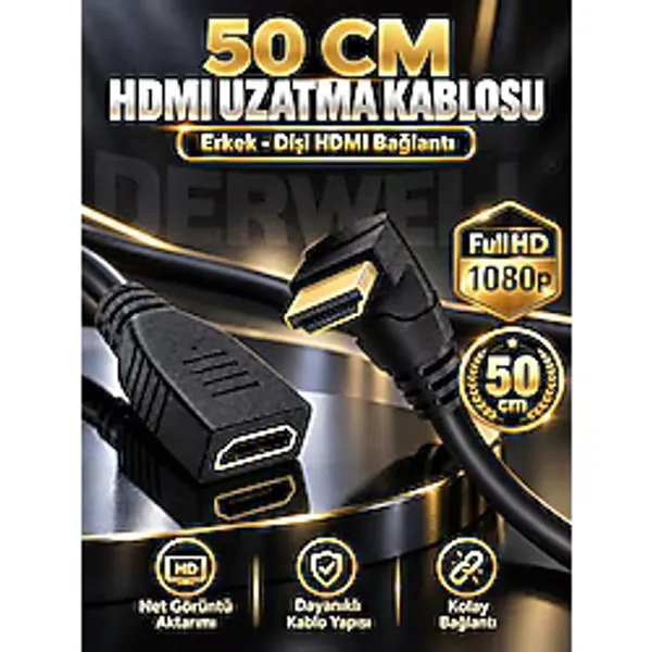 Derwell HDMI Uzatma Kablosu 90 Derece Açı Erkek Dişi Adaptör TVler Dizüstü Bilgisayarlar için L Tipi 50cm
