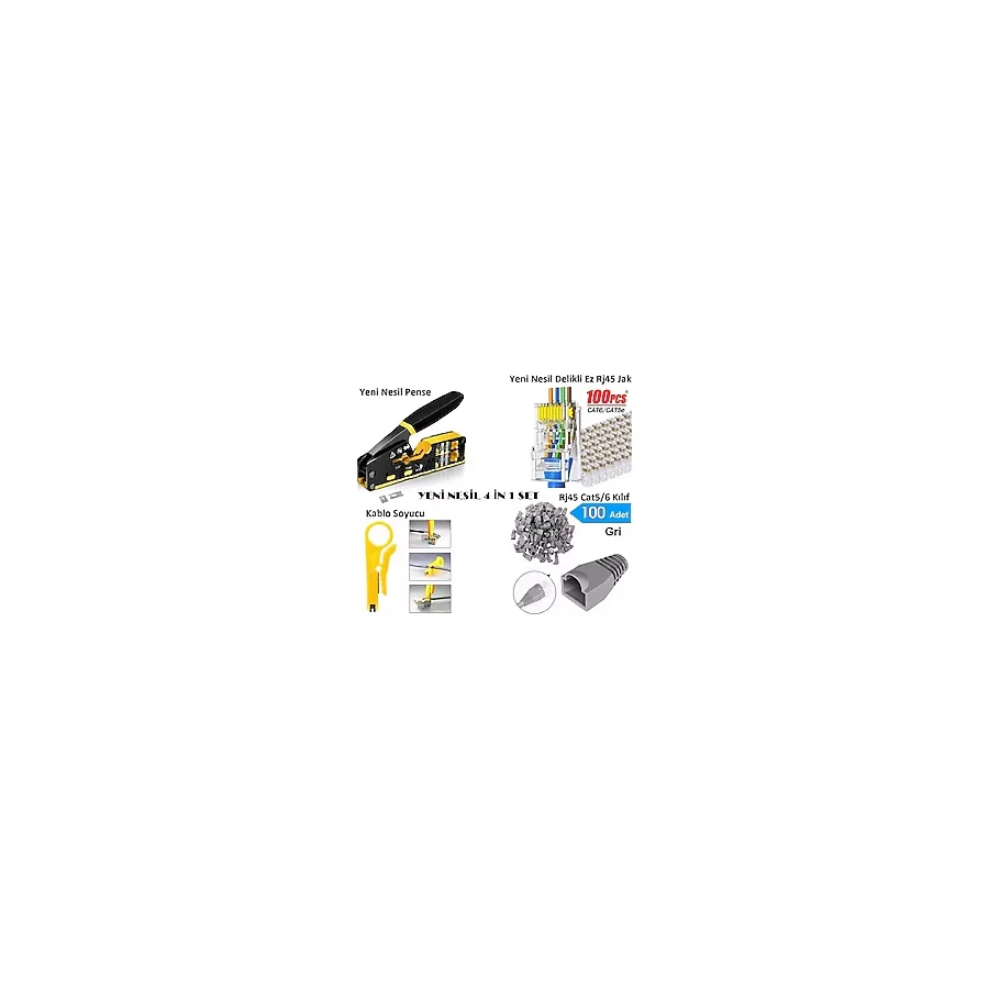 Derwell Yeni Nesil Ez RJ45 Sıkma Pensesi + Kablo Soyucu + 100 Adet Cover + 100 Adet Yeni Nesil Ez 8PC8C Utp Jak Network Aksesuarları Seti