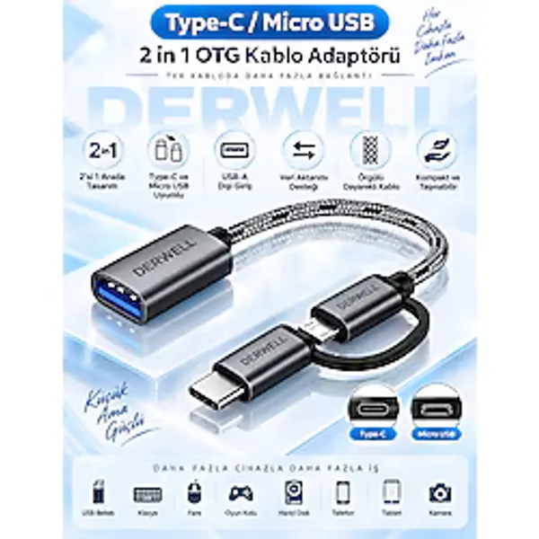 Derwell Yüksek Hızlı Veri Aktarma Usb 3.0 Otg To TypeC Micro Usb Data Şarj Çevirici Dönüştürücü Hasır Kablo