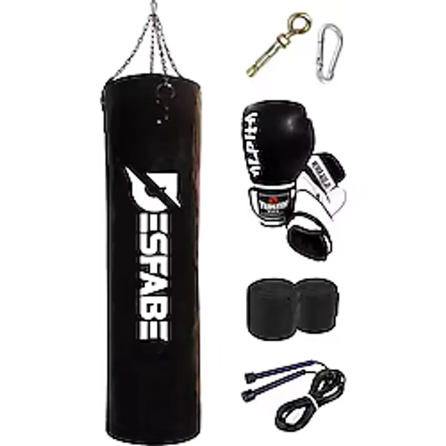 Desfabe Boxing Star 120x32Cm Zincirli Boks Kum Torbası Siyah+Aparat+Boks Eldiveni+Bandaj+Atlama İpi