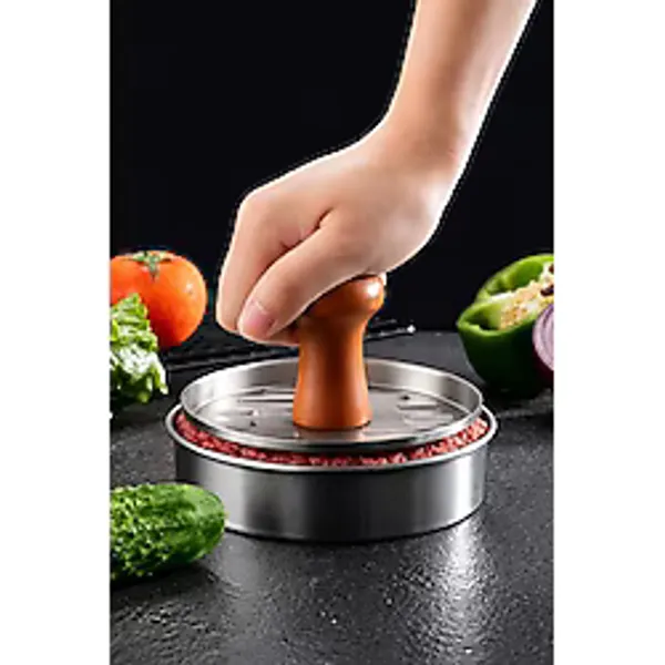 Destpak Hamburger Köfte Presi - Hamburger Press - Köfte Şekillendirici - Ahşap Saplı - Profesyonel Paslanmaz Çelik