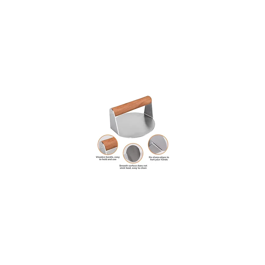 Devmeer Yuvarlak Smash Burger Presi,16 CM,3 MM 304 Paslanmaz Çelik Burger Presi, Ahşap Saplı