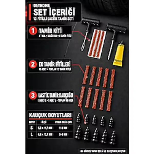 Deyhome 3'lü Set 13 Fitilli Tubeless Oto Lastik Tamir Kiti - T Kollu Aparat, Solüsyon ve Lastik Tamir Kauçuğu