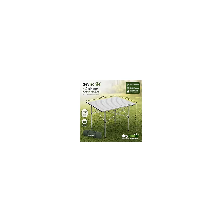 DEYHOME Katlanabilir Alüminyum Kamp Masası 70x70x70 cm Taşıma Çantalı Piknik Masası, Balkon Bahçe ve Kamp Masası