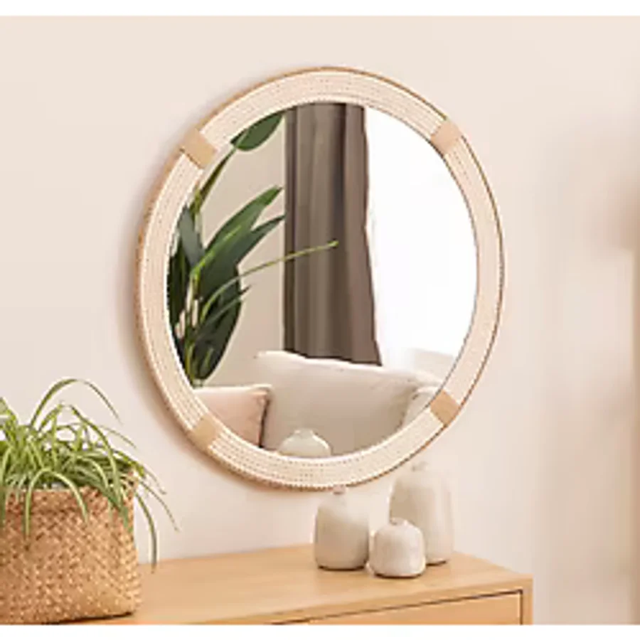 Dfn Wood Beyaz Halatlı Yuvarlak Dekoratif Duvar Salon Banyo Aynası 100x100 Cm