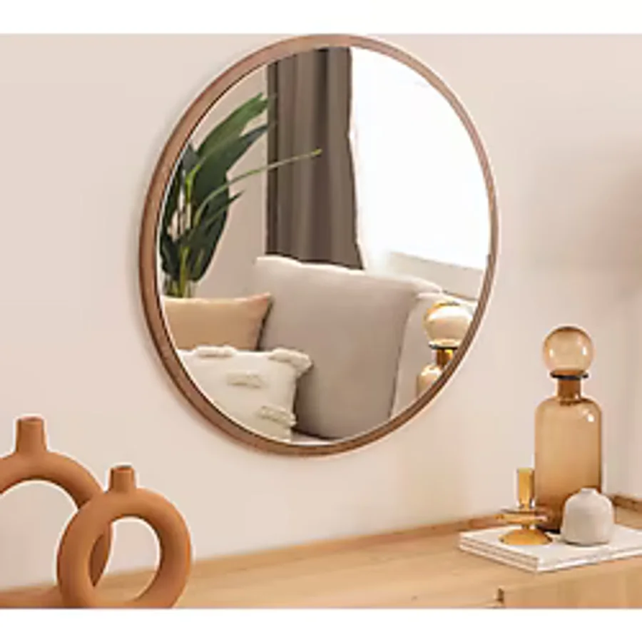 Dfn Wood Kahverengi Mdf Yuvarlak Duvar Salon Banyo Aynası 60x60 Cm